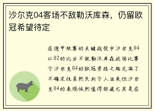 沙尔克04客场不敌勒沃库森，仍留欧冠希望待定