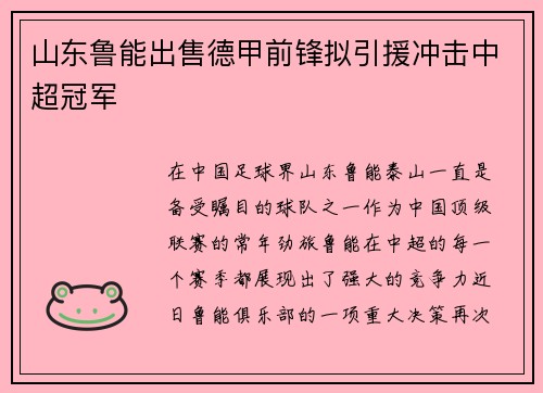 山东鲁能出售德甲前锋拟引援冲击中超冠军