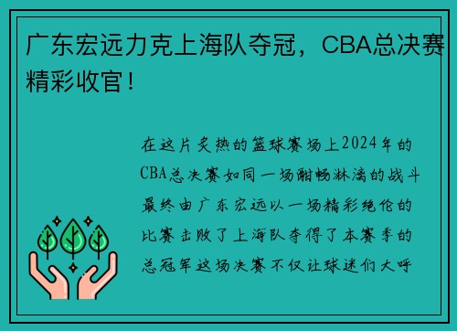 广东宏远力克上海队夺冠，CBA总决赛精彩收官！