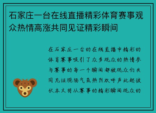 石家庄一台在线直播精彩体育赛事观众热情高涨共同见证精彩瞬间